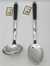 Silver stainless steel black handle soup spoons and rice spoons with labels, high-quality shiny spatulas and rice spoons, hotel and restaurant kitchenware details Picture